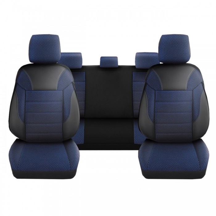 Set Huse Scaune Auto DeluxeBoss Classico, pentru bancheta rabatabila fractionata, 11 piese, Albastru inchis