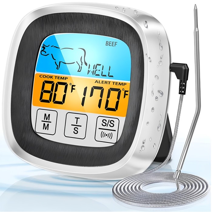 Termometru Digital de Bucatarie/Cuptor, Citire 1 Secunda, Sonda Inox, Timer si Alarma, Magnetic, Ecran Tactil LCD, 8 Preseturi Carne, Argintiu