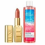 Set Luxe Lustering Nude, Ruj pentru Buze + Gel de Dus Senses Pink Sands 250 ml, Avon