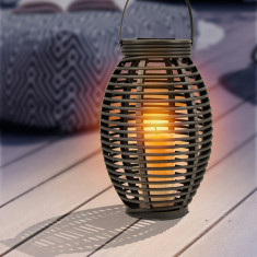 Felinar solar decorativ led imita flacara, exterior, rattan, vintage, 35 cm, foto