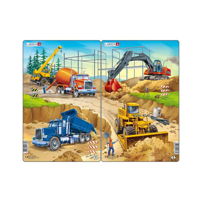 Set 2 Puzzle midi Constructii II, camion, macara, betoniera si excavator, buldozer, orientare tip portret, 20 piese, Larsen EduKinder World foto