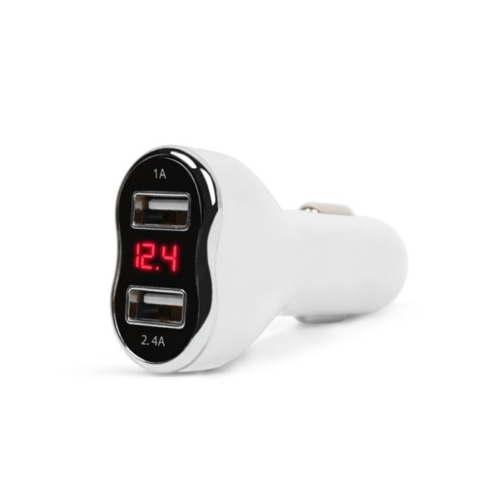 Incarcator bricheta auto telefon, 2 x USB cu voltmetru, Alb
