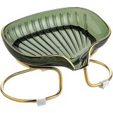 Savoniera cu Suport, Sistem de Scurgere a Apei, Margine Aurie, 14 x 8.5 x 9 cm, din TPE, Verde