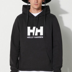 Helly Hansen hanorac de bumbac HH LOGO HOODIE bărbați, culoarea negru, cu glugă, cu imprimeu 33977