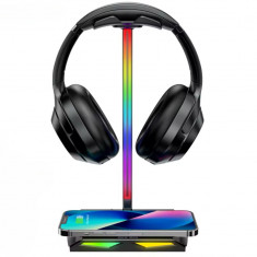 Suport RGB casti gaming GAVIO® New Bee Z12, cu incarcator wireless, 2 porturi USB-C si USB 2.0, 11 moduri iluminare, antiderapant, multifunctional, Ne