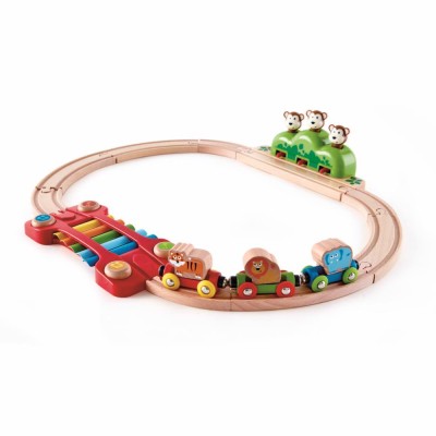 Set trenulet din lemn cu sina de tren muzicala Jungla 19 piese foto