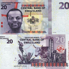 SWAZILAND █ bancnota █ 20 Emalangeni █ 2017 █ P-37c █ POLYMER █ UNC necirculata