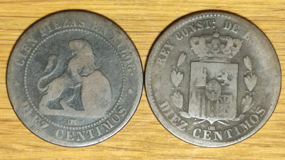 Spania - set de colectie istoric - 10 / diez centimos 1870 OM + 1879 - bronz ! foto
