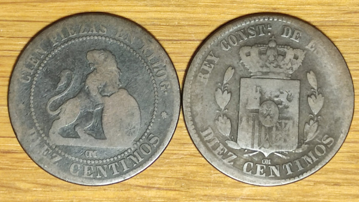 Spania - set de colectie istoric - 10 / diez centimos 1870 OM + 1879 - bronz !