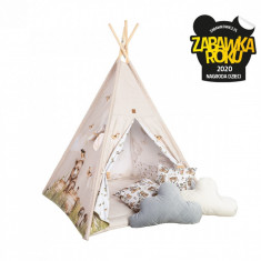 Cort de joaca Happy Bear, saltea impermeabila inclusa, 4 perne, Indian Teepee din Bumbac, BabySteps