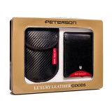 Set Cadou Barbati Peterson: Portofel Piele Naturala, Breloc, Etui Carduri RFID. Cutie Cadou Eleganta