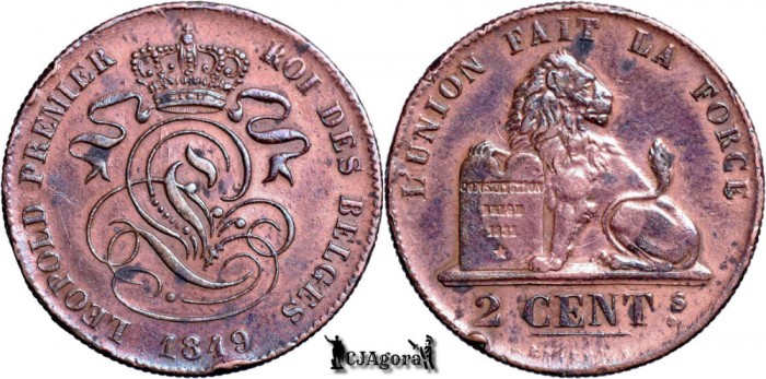 1849, 2 Centimes - Leopold I - Regatul Belgiei - eroare batere dată