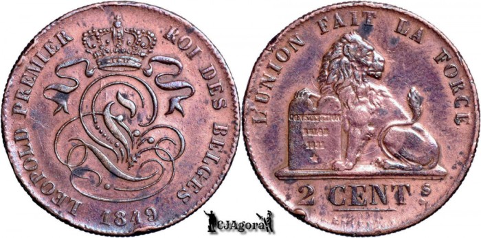 1849, 2 Centimes - Leopold I - Regatul Belgiei - eroare batere dată