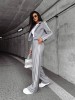 Compleu Smart Casual Gri cu Dungi Laterale , Sacou Crop si Pantaloni Largi pentru Toamna