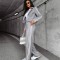 Compleu Smart Casual Gri cu Dungi Laterale , Sacou Crop si Pantaloni Largi pentru Toamna