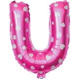 Balon folie metalizata litera u, flippy, 40 cm, cu imprimeu inimioare, umflati cu heliu sau aer, ambalaj individual, pai inclus, roz