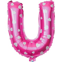 Balon folie metalizata litera u, flippy, 40 cm, cu imprimeu inimioare, umflati cu heliu sau aer, ambalaj individual, pai inclus, roz