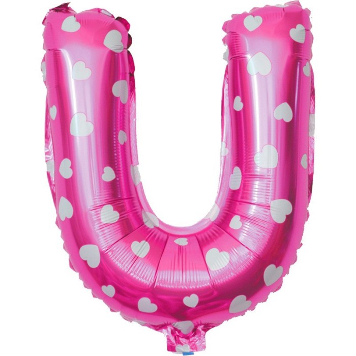 Balon folie metalizata litera u, flippy, 40 cm, cu imprimeu inimioare, umflati cu heliu sau aer, ambalaj individual, pai inclus, roz