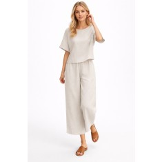 Women's Linen Look Short Top and Trousers Ecru Set