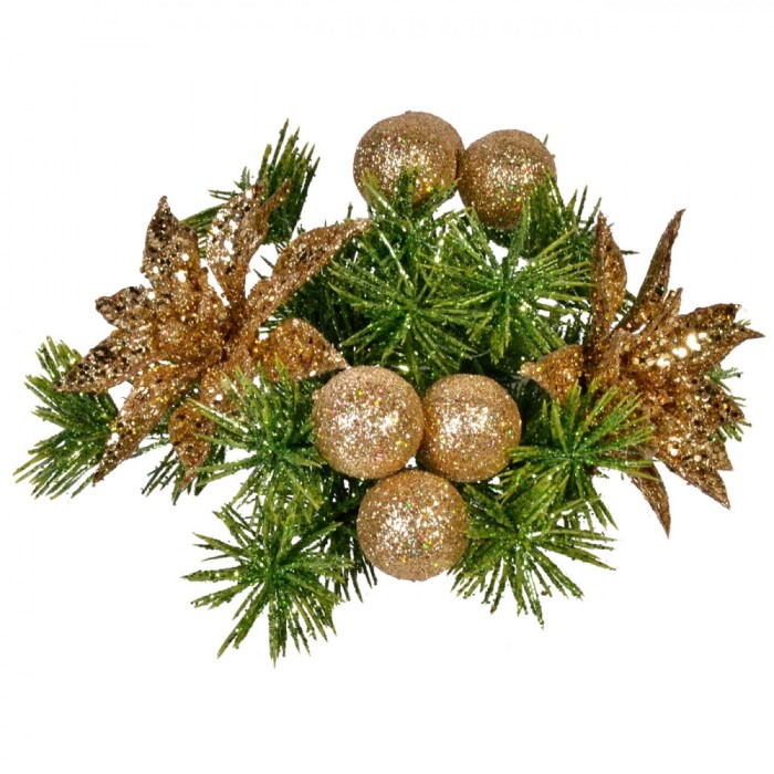 Inel Decorativ Crăciun, Model Crăciunițe Aurii și Bile Aurii, Diametru 15cm