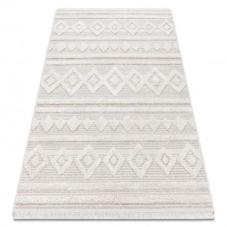 Covor ECO SISAL MOROC 22322 romburi, linii, boho franjuri - structural bej / cremă, 155x220 cm