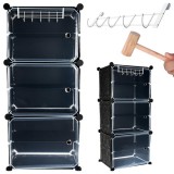 Pantofar modular cu 6 rafturi, usi transparente si cuier, negru