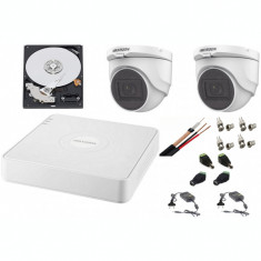 Kit 2 camere supraveghere 2MP Turbo HD cu microfon, IR 30m HikVision + DVR 4 canale OverCoax + Surse + Cablu + Mufe + HDD 500GB foto