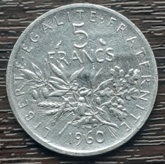 (A1018) MONEDA DIN ARGINT FRANTA - 5 FRANCS 1960, SEMANATOAREA, 12 GRAME, AG 835 foto