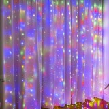 Instalatie luminoasa pentru Craciun, tip perdea, dimensiuni 3X3 m, cu 300 de LED-uri, cu telecomanda si carlige de prindere, multicolor