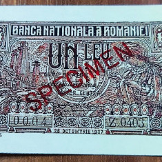 REPRODUCERE bancnota specimen 1 leu 1937 Romania