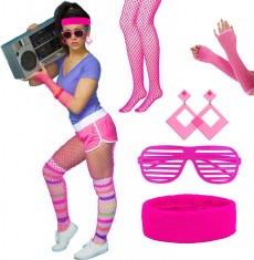 Set de accesorii pentru dama LOPOTIN pentru petrecere retro, 5 piese, tesatura/plastic, roz, marimea M