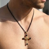 Lanț Bărbați cu Cruce Aurie și Neagră, 60 cm, Pandantiv 45 mm Placat Aur 14K