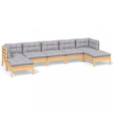 Set mobilier gradina cu perne gri, 7 piese, lemn masiv de pin
