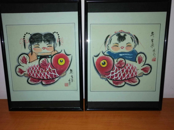 Pereche tablou pictura chineza reproducere printata fata baiat peste rosu