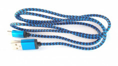 cablu incarcare rapida USB - microUSB textil 100 cm. albastru negru foto