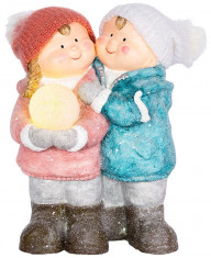 MagicHome Figurină de Crăciun, Băiat și fată cu bulgăre de zăpadă, 1 LED, ceramică, 27,5x23x40 cm foto