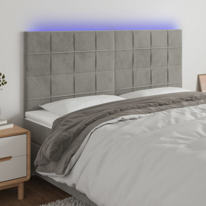 vidaXL Tăblie de pat cu LED, gri deschis, 200x5x118/128 cm, catifea
