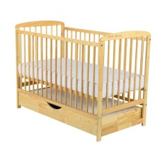 Patut din lemn bebe, 120x60 cm, Cu sertar cu capac, Din lemn de pin si mdf, Stabil si rezistent, Inaltime saltea reglabila pe 3