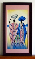 Pictura originala in acrilic pe lemn sculptat, arta tribala africana 35x66cm