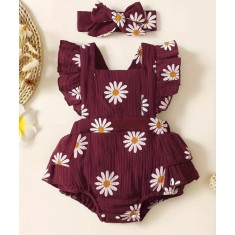 Salopeta din muselina, visinie, cu margarete (Marime Disponibila: 6-9 luni