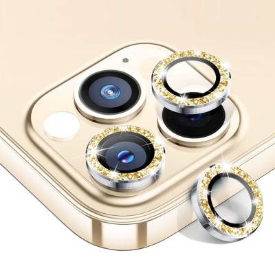 Sticla de protectie camere cu cadru din aluminiu cu diamante pentru iPhone 13 Pro Max, Auriu foto