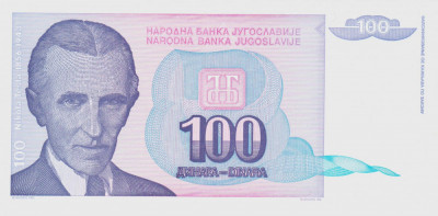 Bancnota Iugoslavia 100 Dinari 1994 - P139 UNC ( Nikola Tesla ) foto