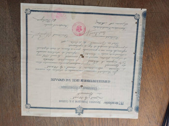 CERTIFICAT DE ABSOLVIRE LICEU, SEMNAT OLOGRAF DE CONSTANTIN MOISIL , 1923