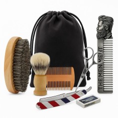 Set ingrijire barba, Kit grooming potrivit pentru orice barbat, contine perie, pieptene, foarfeca, saculet de transport, brici, 6 piese