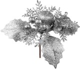 Crenguta decorativa de Craciun argintie cu frunze si bobite, 14 cm
