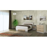 Set mobila dormitor Beta, Alb/Sonoma, Pat 160x200 cm, Noptiera, Comoda