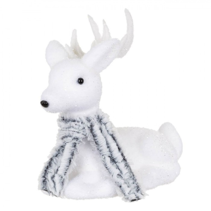 Figurina Decorativă Crăciun, Cerb, Fular Blană Gri, Spumă, 21cm, Alb