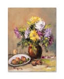 Tablou vaza cu crizanteme si fructe pictat manual, 40x30cm ulei pe panza, Geo Ungureanu