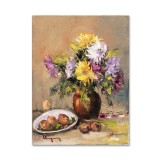 Tablou vaza cu crizanteme si fructe pictat manual, 40x30cm ulei pe panza, Geo Ungureanu