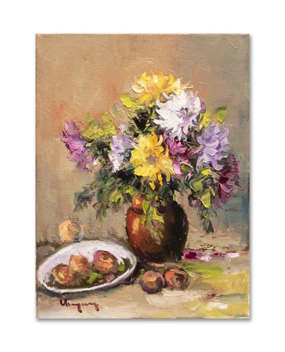 Tablou vaza cu crizanteme si fructe pictat manual, 40x30cm ulei pe panza, Geo Ungureanu